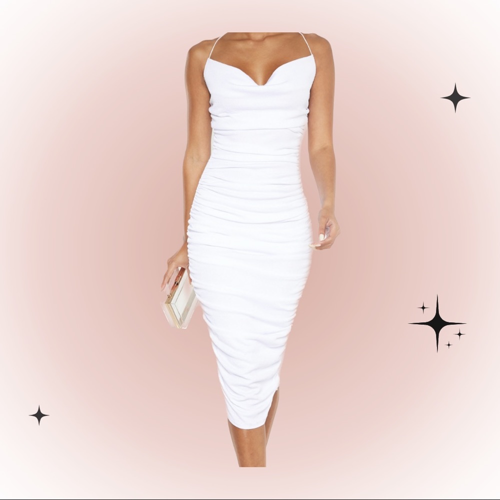 crinkle texture ruched cowl neck midi dress